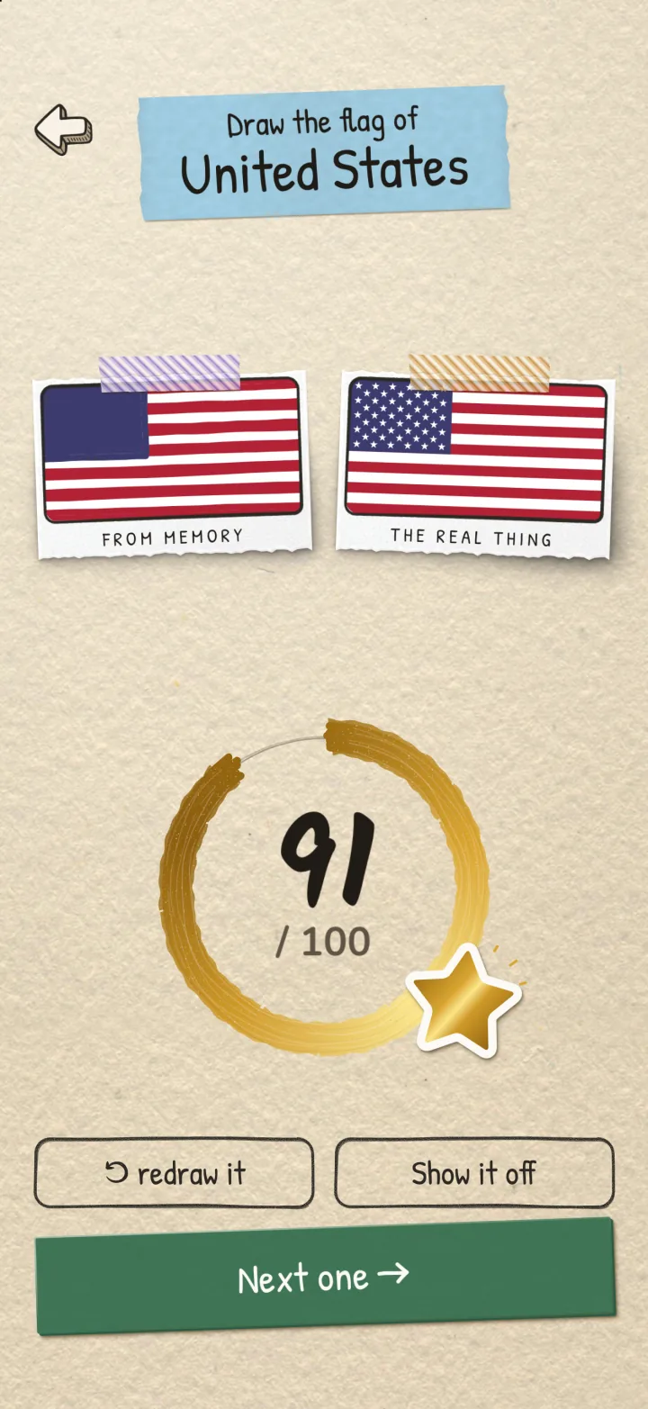 Redrawn's Reveal for the United States: the sketch from memory beside the real flag, scored 91 with a gold Foil star